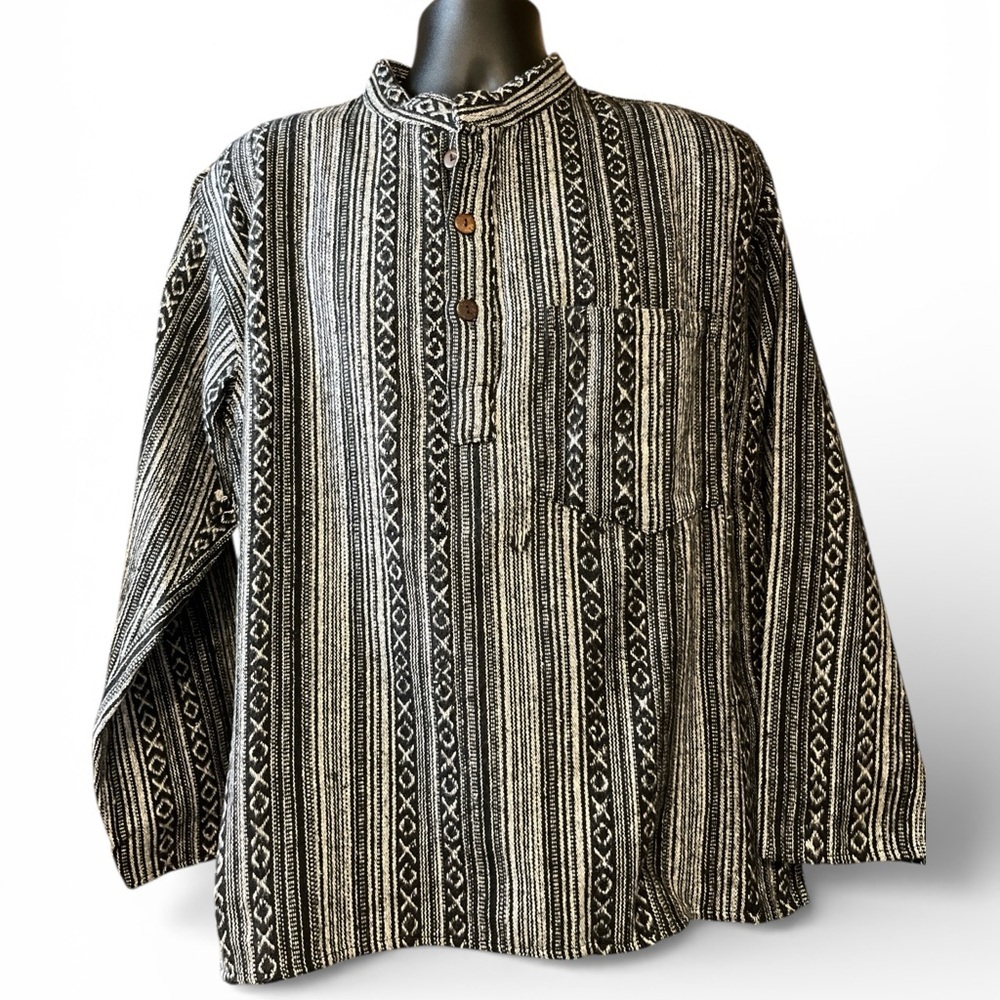 Kathmandu Imports Heavy Brushed Cotton Black/White Henley-style Unisex Shirt NWT